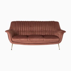 Italian Pink Velvet and Brass Sofa, 1950s