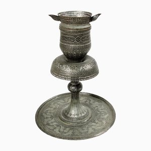 Antique Central Asian Copper Tinned Islamic Engraved Oil Lamp, 1890s