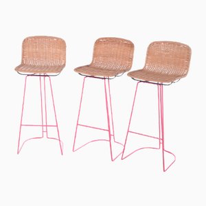 Italian Bar Stools with Cane and Metal by Cidue, 1980s, Set of 3