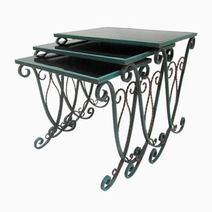 French Black Glass Nesting Tables in Wrought Iron, 1940s, Set of 3