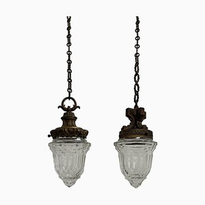 Antique Edwardian Ornate Brass and Cut Glass Pendant Lights, Set of 2
