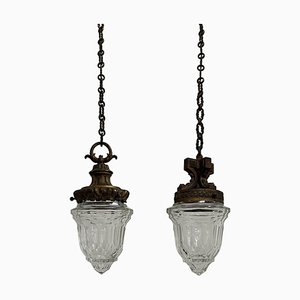 Lampes à Suspension Édouardiennes Antiques en Laiton et Verre Taillé, Set de 2