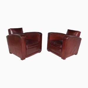 French Leather Club Chairs, 1930s, Set of 2