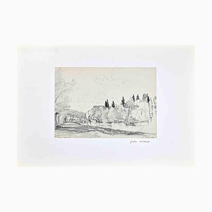 Gaston Bruelle, View of Bougival, Drawing in Pencil, 1874