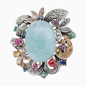 Rose Gold and Silver Ring with Aquamarine, Emeralds, Rubies, Sapphires & Diamonds, 1970s