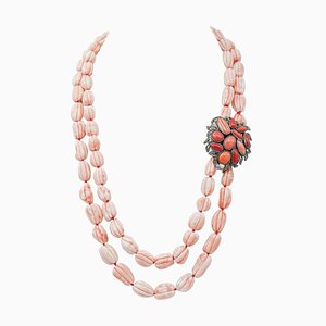 Rosafarbene und mehrsträngige Halskette aus Silber und Gold mit Koralle & Diamanten, 1950er