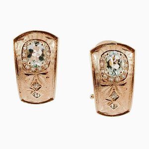 14k Rose Gold Earrings wiith Diamonds & Aquamarine, 1980s, Set of 2