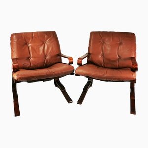 Norwegian Armchairs in Leather by I. Rolling for Westnofa, 1970s, Set of 2