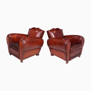 French Leather Moustache Back Club Chairs, 1930s, Set of 2