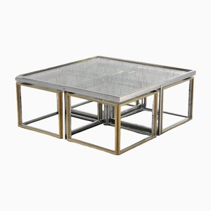 Metal and Brass Coffee Table with Nesting Tables from Maison Charles, 1970s, Set of 5