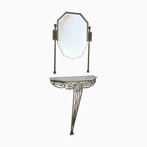 Art Deco French Wrought Iron Console Table with White Marble and Mirror