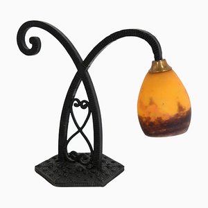 Art Deco French Wrought Iron Mount and Signed Glass Table Lamp by Degué for Verrerie Dart Degué, 1920s