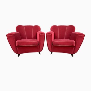 Armchairs in Red Velvet, 1940s, Set of 2