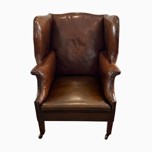 Fauteuil à Oreilles en Cuir, Angleterre, Début 20ème Siècle