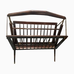 Folding Magazine Rack in Stained Wood and Brass by Cesare Lacca, Italy, 1950s