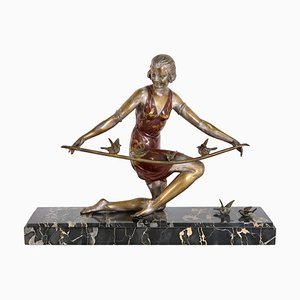 Art Deco Bronze Sculpture of a Girl with Sparrows on a Portor Marble Base, 1920s