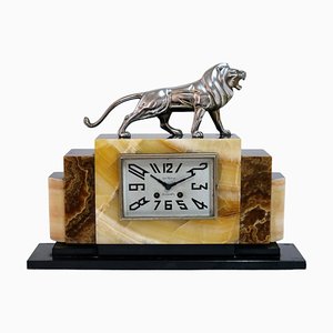 Art Deco Marble Mantel Clock with Chromed Bronze Lion and Movement from Le Roux, 1930s