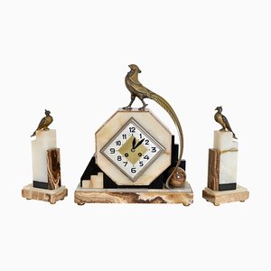 Art Deco Marble Mantel Clock with Bronze Birds by Maurice Frecourt, 1930s, Set of 3