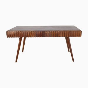 Tavolo in legno intarsiato e lavorato attribuito alle Opere Prime attribuite a Paolo Buffa, fine anni '50 Il tavolo ha due cassetti nascosti e può essere allungato, anni '50