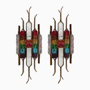 Italian Hammered Glass and Gilt Wrought Iron Sconces from Longobard, 1970s, Set of 2