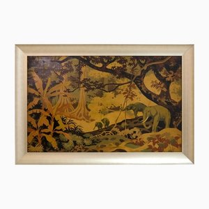 Panneau Encadré Art Déco Représentant des Éléphants dans un Motif de la Jungle, France, 1920s