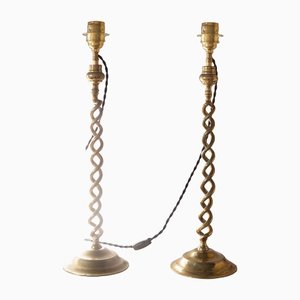 Antique French Brass Table Lamps, Set of 2