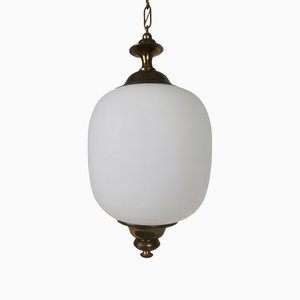 Lampada da soffitto in vetro opalino bianco e ottone, anni '50