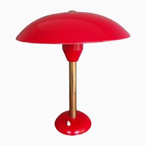 Large Red Table Lamp in Brass and Lacquered Metal, 1950s