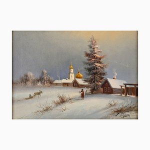 Winter Landscape with Russian Village, 19th Century, Oil on Canvas, Framed
