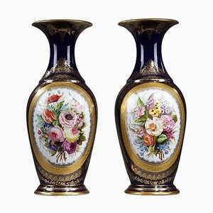 Grands Vases Valentine en Porcelaine à Fond Bleu, 1870s, Set de 2