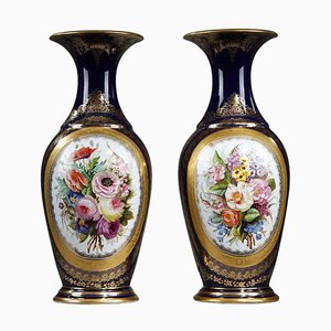 Large Valentine Blue Background Porcelain Vases, 1870s, Set of 2