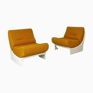 Space Age Italian White Abs and Mustard Yellow Fabric Armchairs, 1970s, Set of 2