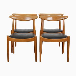 W1 Chairs in Oak and Black Leather by Hans J. Wegner for C.M. Madsen, Set of 4