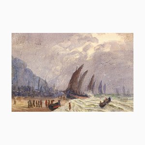 E. Venis, Luggers de pesca, Stade Beach, Hastings, finales del siglo XIX, Acuarela