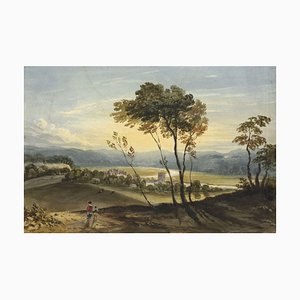 Landschaftsansicht mit Fluss & Kirche, frühes 19. Jh., Aquarell