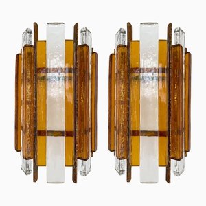 Italian Hammered Glass and Gilt Wrought Iron Sconces from Longobard, 1970s, Set of 2