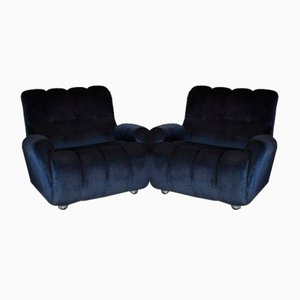 Blue Velvet Armchairs, 1980s, Set of 2