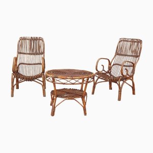 Italian Chairs in Bamboo with Table, 1960s, Set of 3