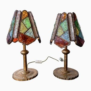 Italian Hammered Glass and Gilt Wrought Iron Lamps from Longobard, 1970s, Set of 2