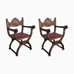 Antique Spanish Colonial Style Carved Armchairs with Leather, 1890, Set of 2