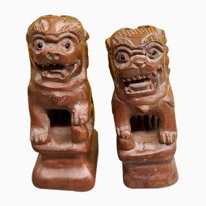 Miniature Asian Temple Lions in Wood, 1950s, Set of 2