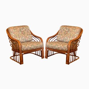Bamboo Armchairs with Leather Bindings, 1970s, Set of 2