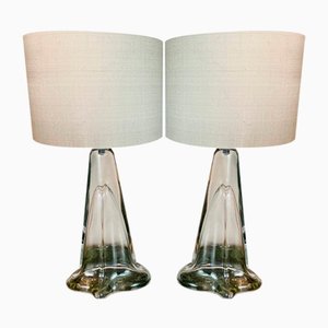 Belgian Oval Table Lamps in Clear Glass from Val Saint Lambert, 1970s, Set of 2
