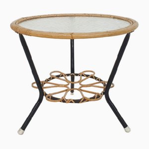 Round Glass and Rattan Side Table from Rohe Noordwolde, the Netherlands, 1950s