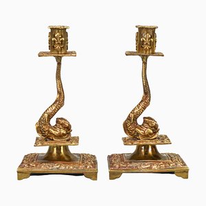 French Brass Candlesticks with Dolphin Figures, 1930s, Set of 2