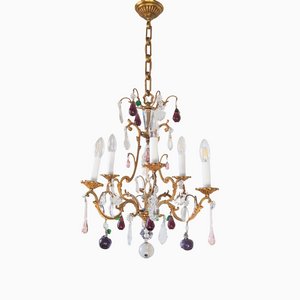 French Bronze Chandelier with Murano Crystals, 1930s