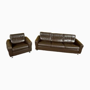Danish Three Seater Brown Leather Sofa and Armchair, Set of 2