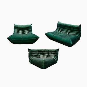 Bottle Green Velvet Togo Lounge Chair, Corner Chair and 2-Seat Sofa by Michel Ducaroy for Ligne Roset, Set of 3
