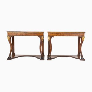 Early 19th Century Italian Walnut and Burr Yew Console Tables, Set of 2