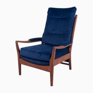 British Teak Armchair with Blue Velvet Upholstery from Cintique, 1970s
